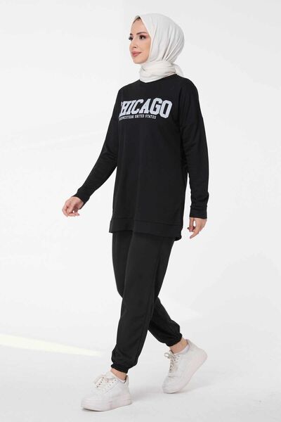 TOFİSA Black Crew Neck Tunic and Trousers for Women - 13045