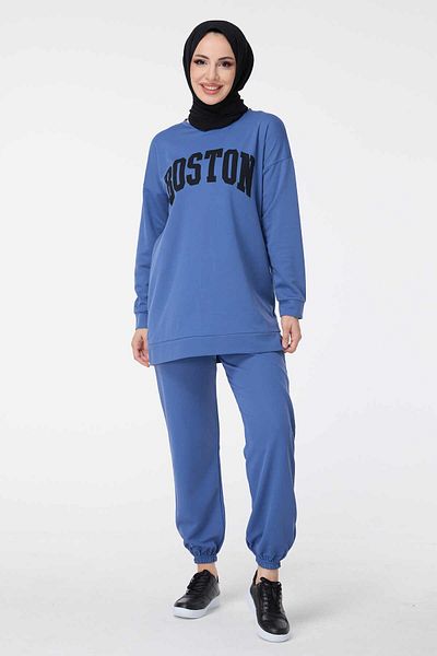 TOFİSA Blue Tunic Trousers for Women - Crew Neck, Straight Cut - 13044