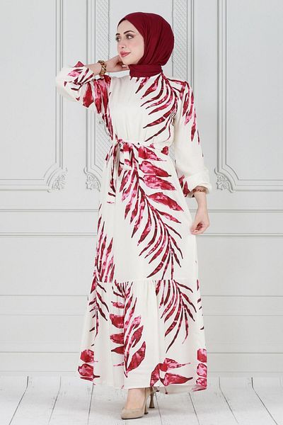 Herita Viskosekleid mit Rüschenrock und Palmenmuster - Braun