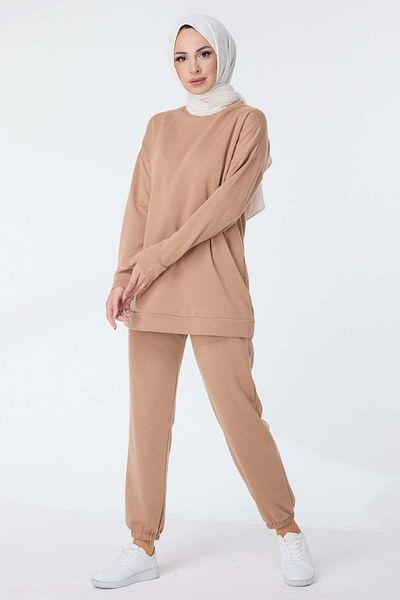 TOFİSA Σετ γυναικεία αθλητική φόρμα Tan - Plain Crew Neck - 13010