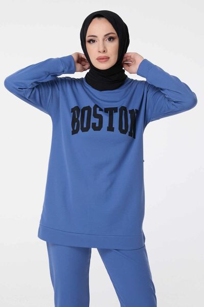 TOFİSA Blue Tunic Trousers for Women - Crew Neck, Straight Cut - 13044