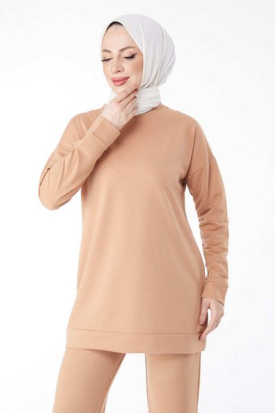 TOFİSA Σετ γυναικεία αθλητική φόρμα Tan - Plain Crew Neck - 13010