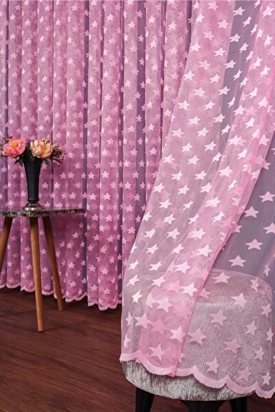 elision home Pink Color Star Pattern Knitted Tulle Curtain, 300x250cm, 1/2 Sparse Pleat, Elıon01701