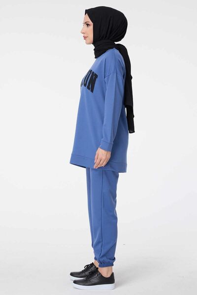 TOFİSA Blue Tunic Trousers for Women - Crew Neck, Straight Cut - 13044