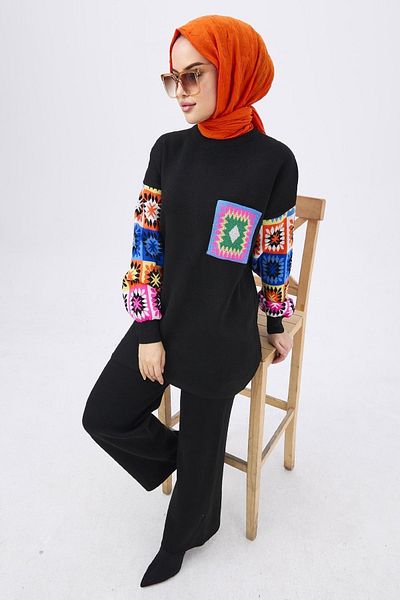 TOFİSA Medium Women's Black Knitwear Tunic and Trousers - 21833