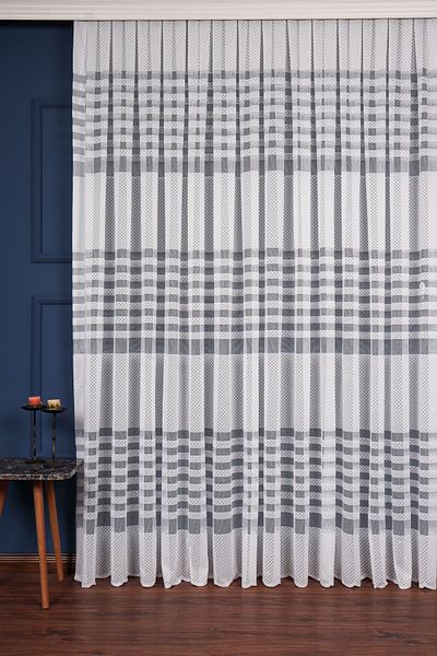 elision home Ecru Knitted Transverse Striped Tulle Curtain, 200x250cm, 1/2 Sparse Pleat, Elıon04601