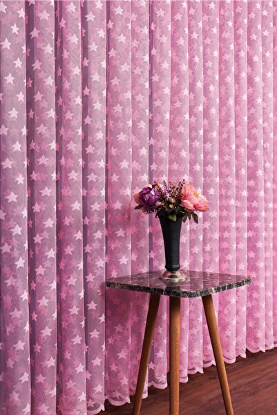 elision home Pink Color Star Pattern Knitted Tulle Curtain, 300x250cm, 1/2 Sparse Pleat, Elıon01701