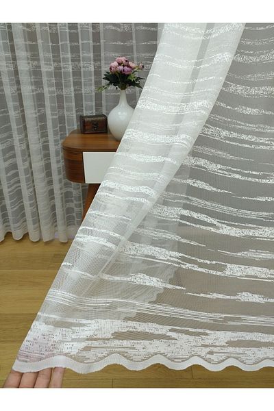 elision home Transverse Striped Skirt End Patterned Tulle Curtain, 350x250, Sparse Pleat, 1/2