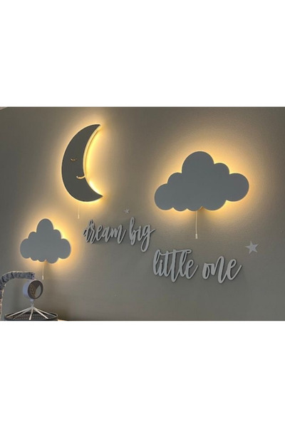 Windly Concept Yazılı Ay ve Bulutlu Harf Ahşap LED'li Çocuk Odası Dekorasyonu...