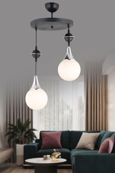 SONSUZ AYDINLATMA&AVİZE Pendant Lamp Tray Black 2-Piece White Glop Top Glass Chrome Downward Facing Luxury Chandelier
