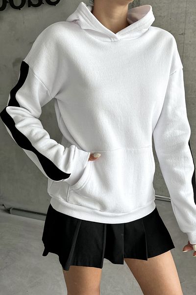 MODAGEN Bílá unisex mikina oversize - podrobný rukáv, hladká kapuce