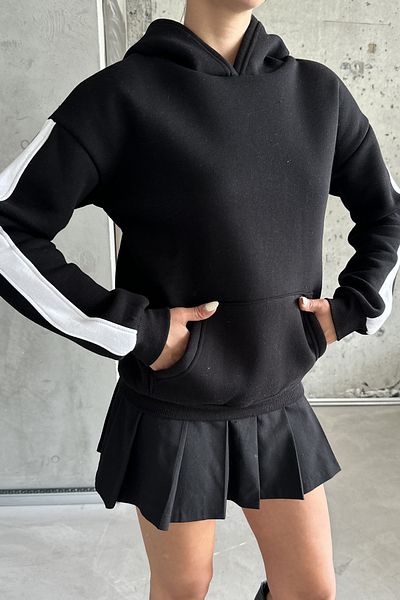 MODAGEN Unisex Oversize Μαύρο Φούτερ με κουκούλα - Λεπτομέρεια μανίκι