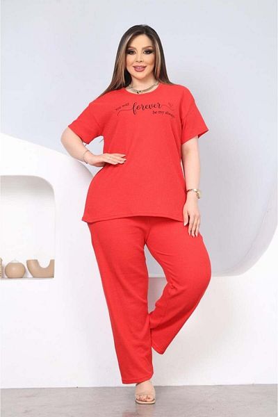 Freeista Waffle Fabric Red Plus Size Pajama Set