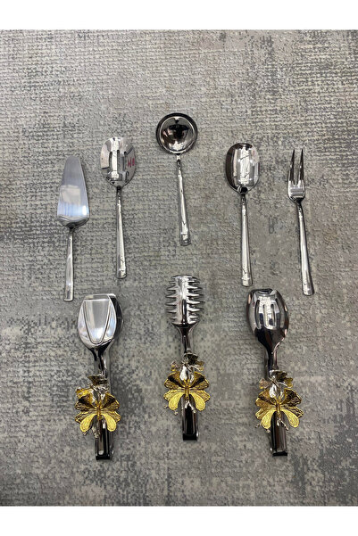 Mira züccaciye Set of 8 Stainless Steel Silver Colander - Ladle, Shovel, Fork, Spoon, Butterfly Tongs Serving Set, Dowry