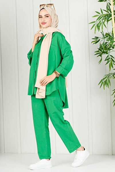 TOFİSA Green Women's Tunic Trousers - Straight Shirt Collar - 10563