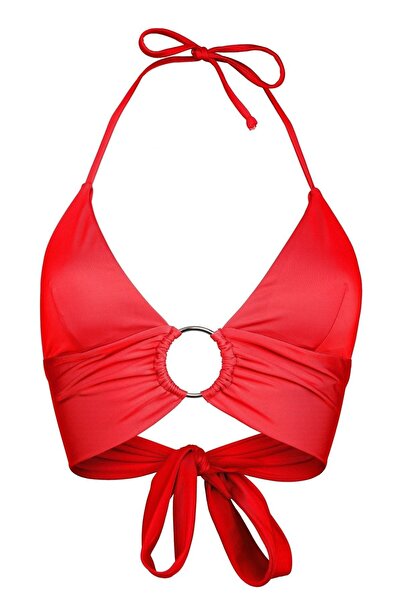 Transacoustic Kırmızı Halka Aksesuarlı Çift Kat Özel Koleksiyon Tulumlu Şık Bikini Üstü