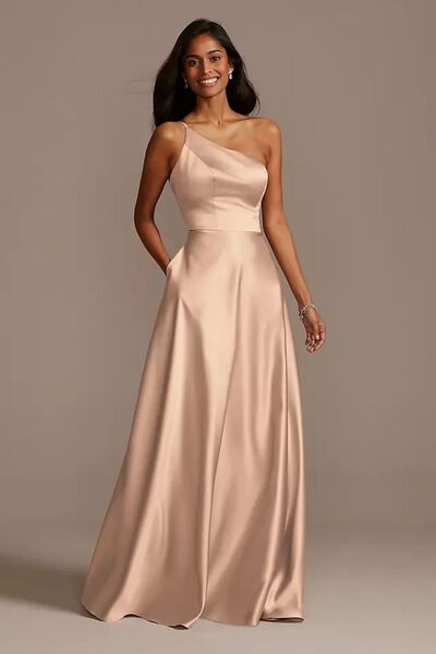 Oleg Cassini One Shoulder Beige Satin Long Evening Dress - F20135