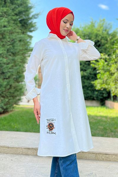 TOFİSA Ecru Women's Tunic - Plain Shirt Collar - 11466
