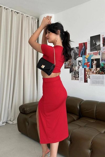 Kokoş Aşk Side Slit Skirt Crop Bottom Top Set Red Har