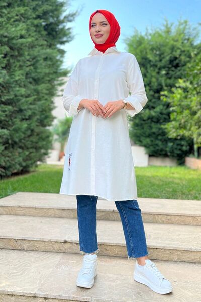 TOFİSA Ecru Women's Tunic - Plain Shirt Collar - 11466