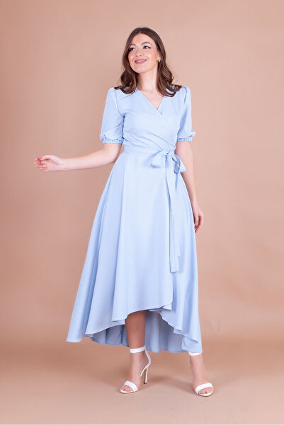 RURIS Kadın Bebe Mavi Kruvaze Yaka Asimetrik Kesim Kısa Kollu Midi Abiye Mezu...