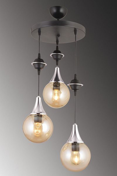 SONSUZ AYDINLATMA&AVİZE Pendant Lamp Tray Black 3-Piece Honey Ball Glass Chrome Downward Facing Luxury Chandelier