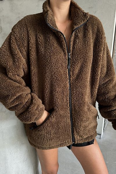 MODAGEN Unisex Oversize Λούτρινη Ζακέτα - Καφέ, με φερμουάρ
