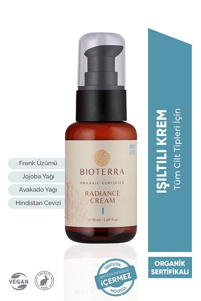 Bioterra Organic Radiance Face Cream 50 ml - All Skin Types, Aloe Vera, Coconut Oil, Currant