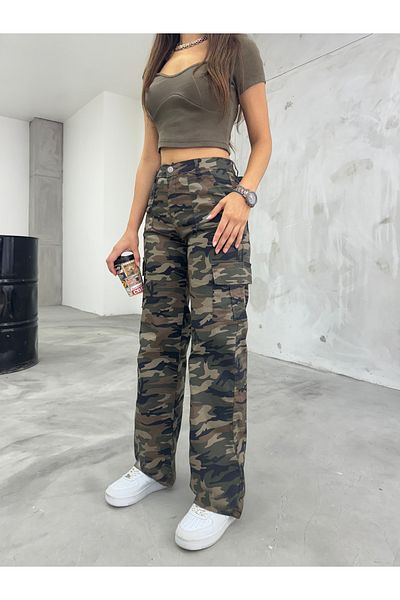 BİKELİFE Kalhoty Camouflage Cargo Pocket Lycra s vysokým pasem a širokými nohavicemi