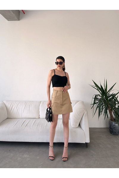 LB Laluna Butik Γυναικεία Μπεζ Μίνι Φούστα Cargo με Τσέπη