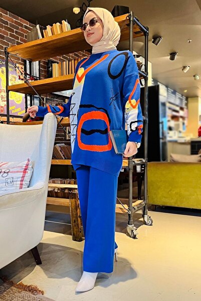 TOFİSA تونيك وبنطلون تريكو أزرق للنساء - متوسط سادة 21800