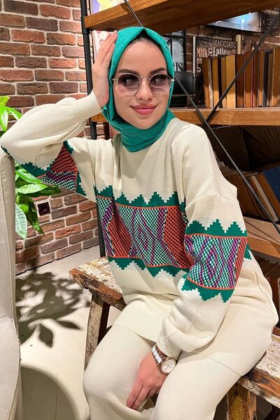 TOFİSA Ecru Women's Knitwear Tunic and Trousers Set - Plain Medium - 21801