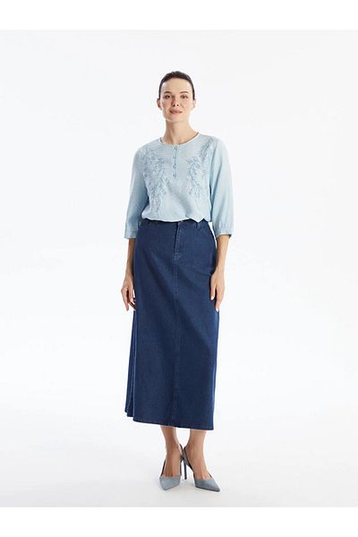 LC Waikiki LCW Grace - Γυναικεία μπλούζα με μακρυμάνικο λινό με κέντημα με λαιμόκοψη