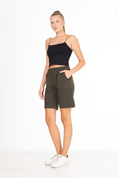 Tight Lady X Serüven %100 Pamuk HAKİ2 iplik cepli şort KOYU YEŞİL