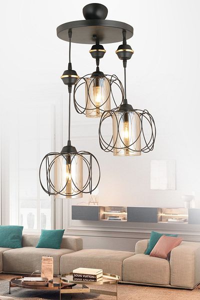 SONSUZ AYDINLATMA&AVİZE Solar Pendant Lamp 3-Piece Black Modern Downward Facing Chandelier