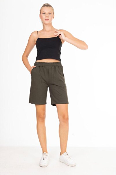 Tight Lady X Serüven %100 Pamuk HAKİ2 iplik cepli şort KOYU YEŞİL