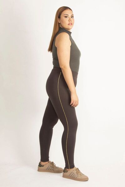 Şans Women's Large Size Brown Side Glitter Detailed Leggings Trousers 65n20135