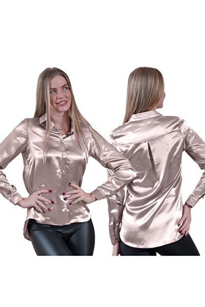 Exve Exclusive Golden Gold Lightweight Flowy Back Bellows Satin Woven Women's Shirt