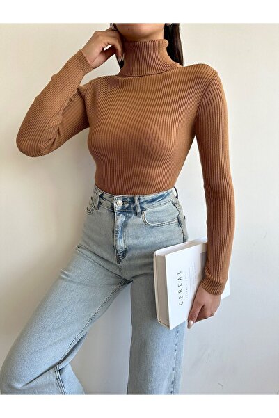 BEJNA Women's Camel Turtleneck Knitwear Sweater