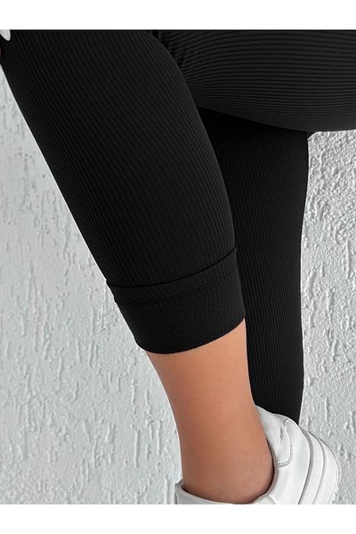 BEJNA Gerippte Damen-Strumpfhose aus schwarzem Fleece mit hoher Taille
