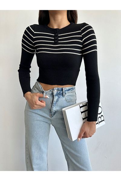 BEJNA Strick-Crop-Bluse - Damen, Kragen geknöpft