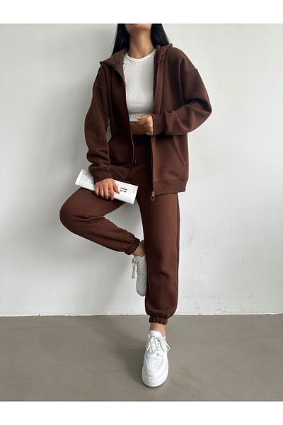 BEJNA Brown Cotton Hooded and Zippered Tracksuit Set - Fleece Inside