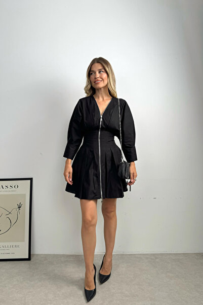 Sue Store Siyah Boydan Fermuarlı Elbise