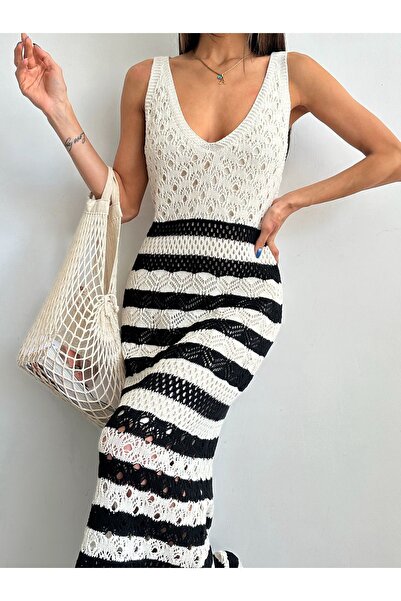 BEJNA Γυναικείο καλοκαιρινό πλεκτό φόρεμα με ριγέ λουράκι