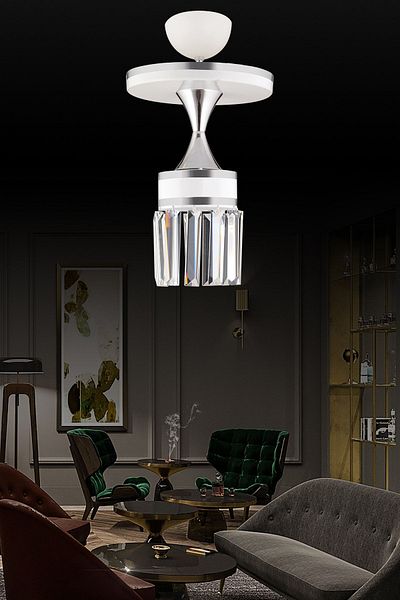 SONSUZ AYDINLATMA&AVİZE Single Tokyo White Pendant Lamp Crystal Stone Chrome Striped Cylinder Downward Facing Luxury Chandelier