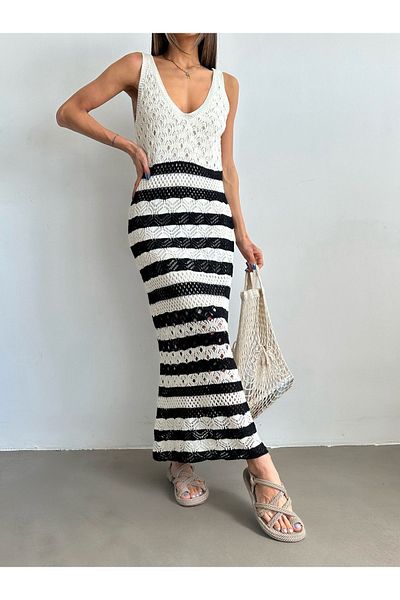 BEJNA Schwarzes, durchbrochenes Sommer-Strickkleid mit gestreiften Trägern für Damen