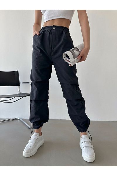 BEJNA Schwarze Hose mit hoher Taille aus Fallschirmstoff für Damen