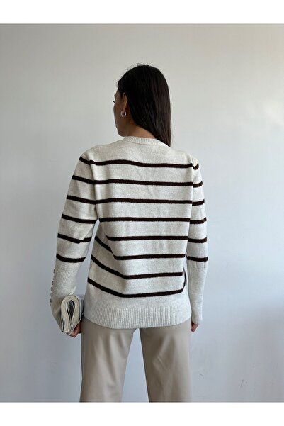 BEJNA Women's Brown Striped Buttoned Sleeve Knitwear Sweater