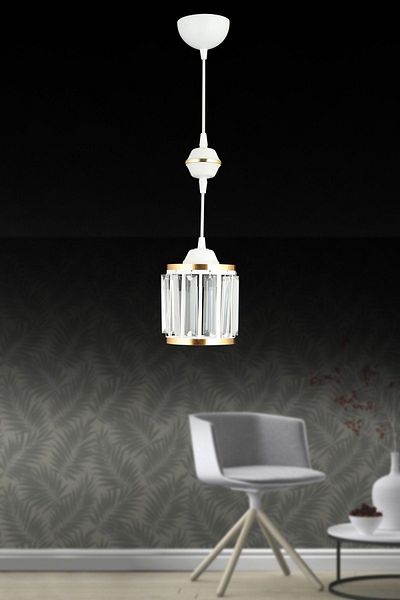 SONSUZ AYDINLATMA&AVİZE Single White Pendant Lamp with Crystal Stone and Yellow Strip Cylinder Downward Facing Luxury Chandelier