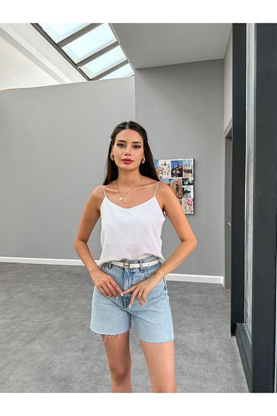 ESRAHELVACI Λινό Λευκή Λεπτή Μπλούζα με λουράκι
